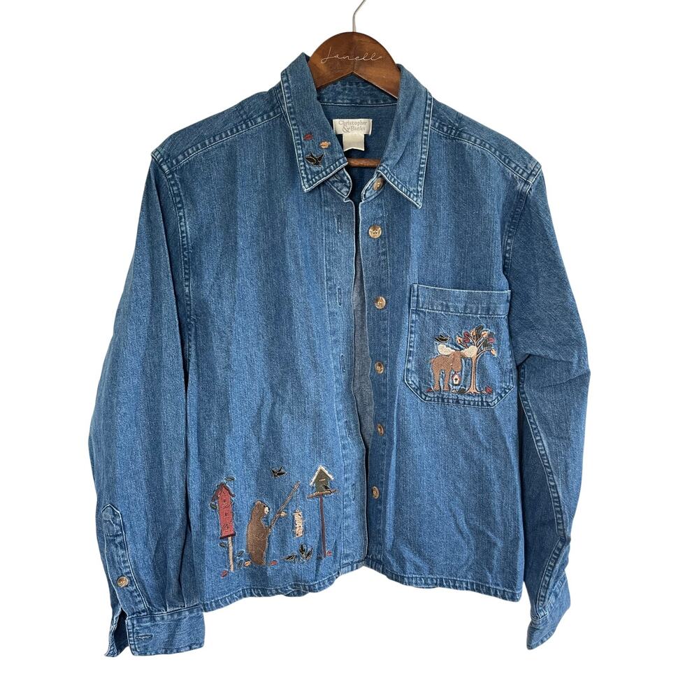 Vintage 90s Embroidery Autumn Fall Denim Shirt Birdhouse Woodland Animal Cottage